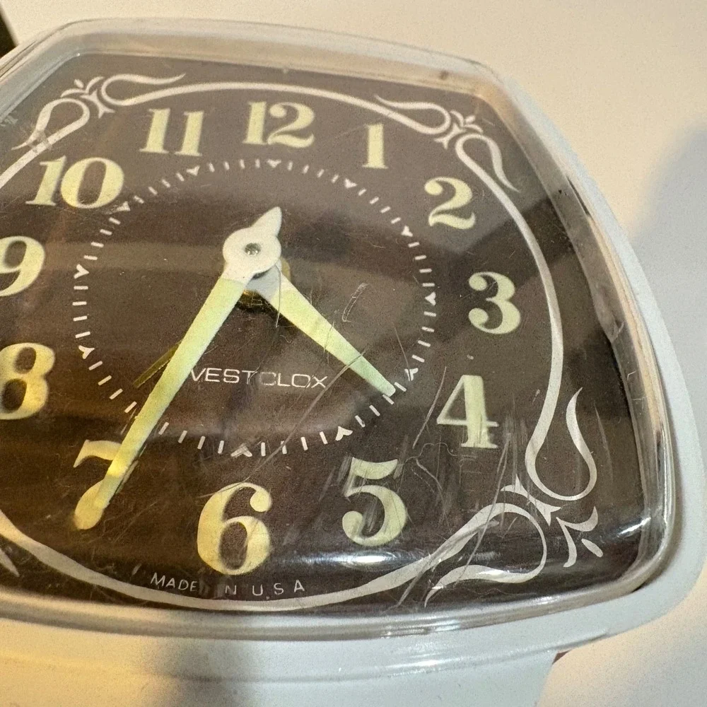 Vintage Westclox Wind Up Alarm Clock Luminous Glow Dial White Brown Made in USA